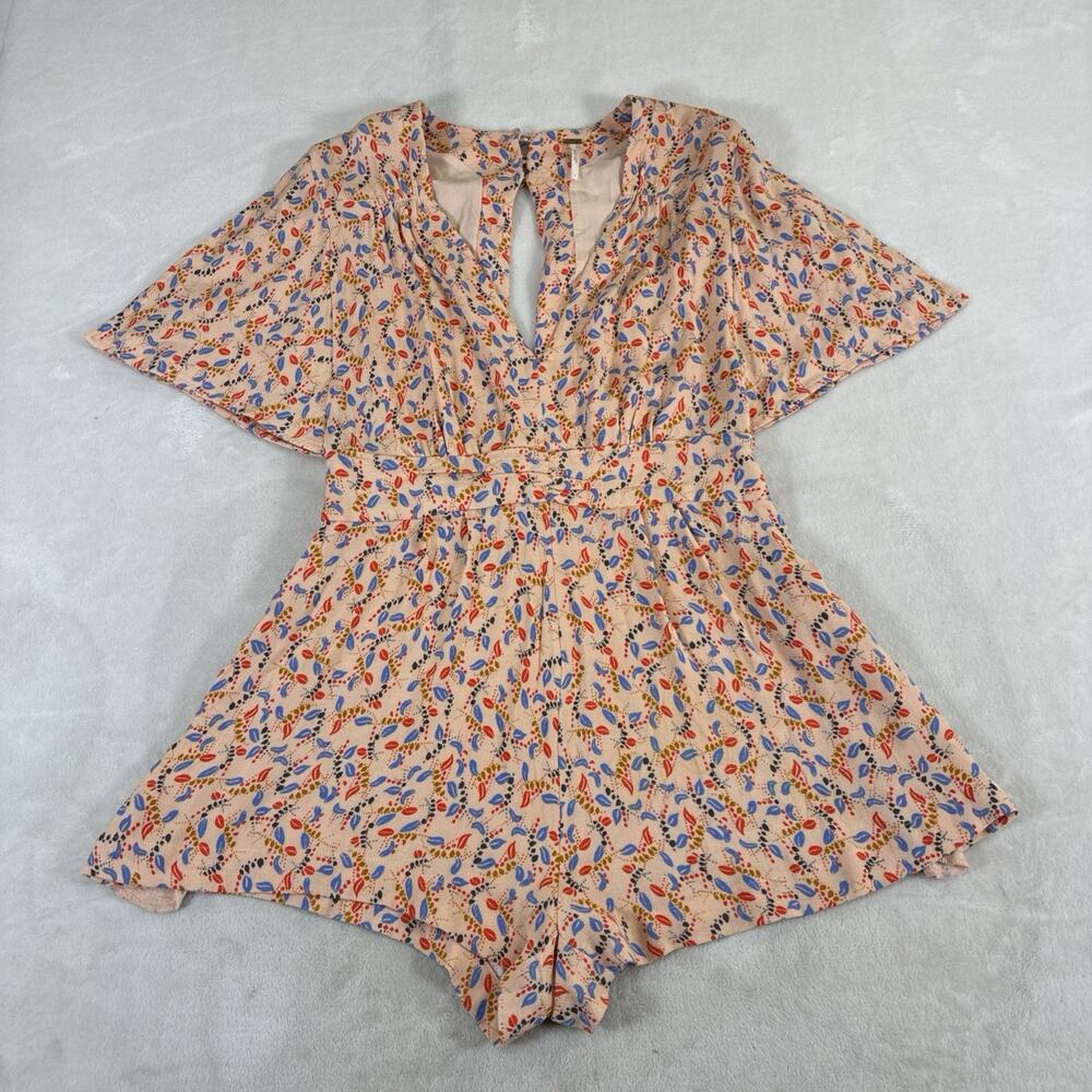 Free People Peach Geometric Print Slit Sleeve Open Back Romper Size 2 Charity